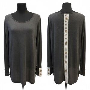 42 Pops Charcoal Gray Long Sleeve Top - Lace Back with Button Detail - Size 3X